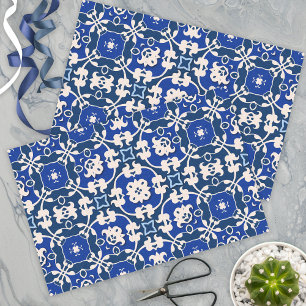 Papier Mousseline Bleu et blanc classique élégant Damas motif