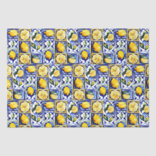 Papier Mousseline Bleu Majolica tuiles citrons méditerranéen