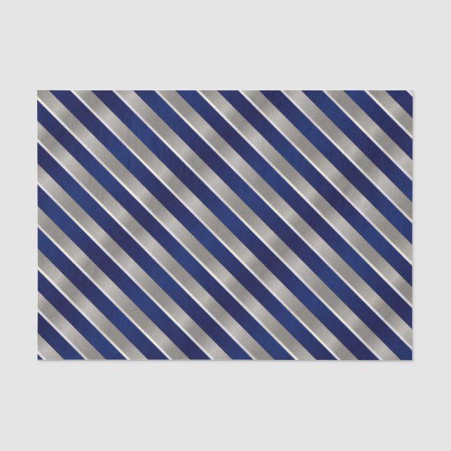 Papier Mousseline Bleu marine, argent et rayures diagonales blanches (Recto)