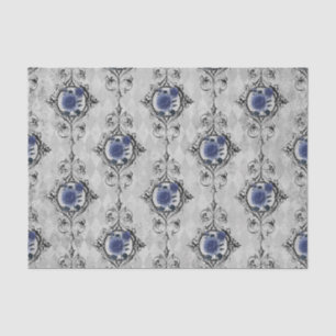 Papier Mousseline Bleu marine et floral damassé victorien argenté