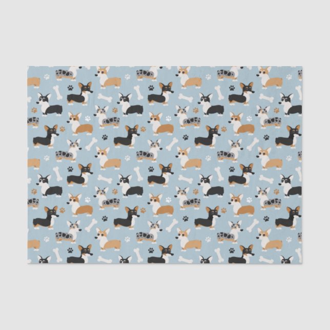 Papier Mousseline Bleu Motif de Corgi (Recto)