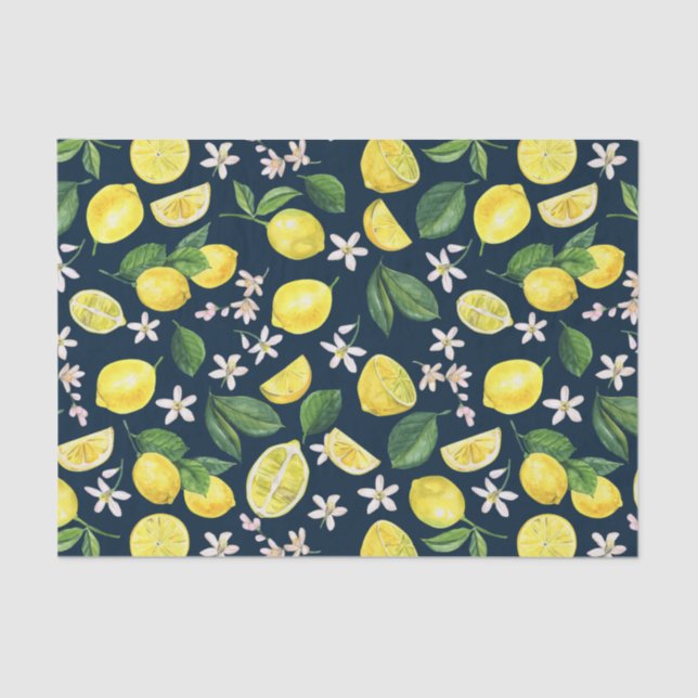 Papier Mousseline Bleu Nuit Citron Floral  (Recto)