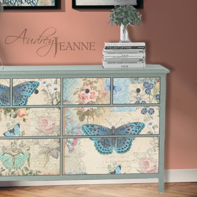 Papier Mousseline Bleu papillon floral Script Ephemera Découpage (Créateur téléchargé)