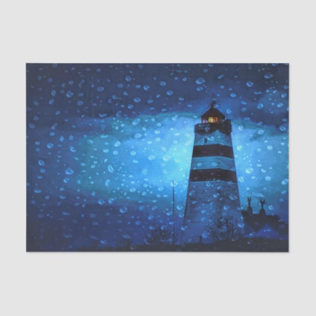 Papier Mousseline Bleu phare une nuit sombre pluvieuse avec gouttes (Recto)