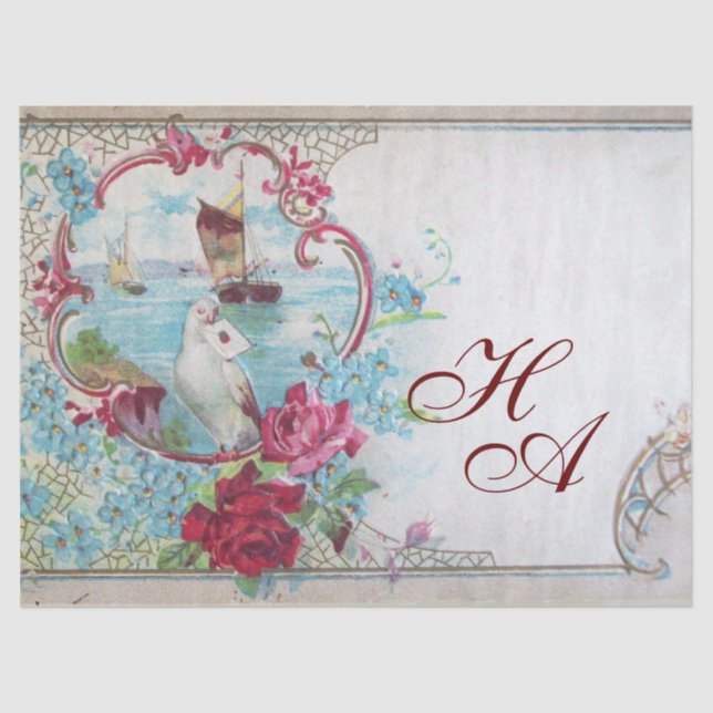 PAPIER MOUSSELINE BLEU ROMANTIQUE FLEURS ROSES ET PAYSAGE MARIN  (Recto)