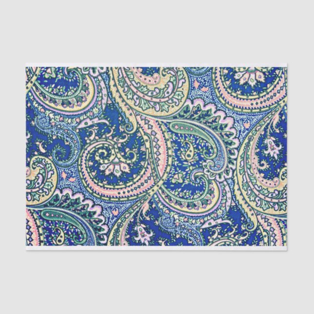 Papier Mousseline Bleu, Rose, Vert Fleurs De Paisley, Feuille (Recto)
