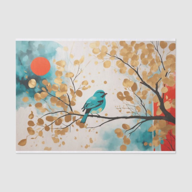 Papier Mousseline Bleu Songbird Sur Golden Feuille Tree Branch (Recto)