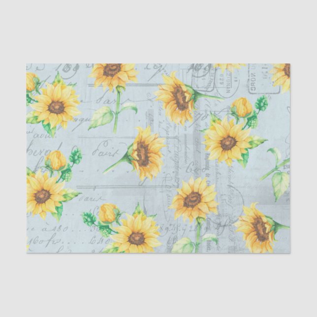 Papier Mousseline Bleu Tournesol Floral Découpage Tissu Papier (Recto)