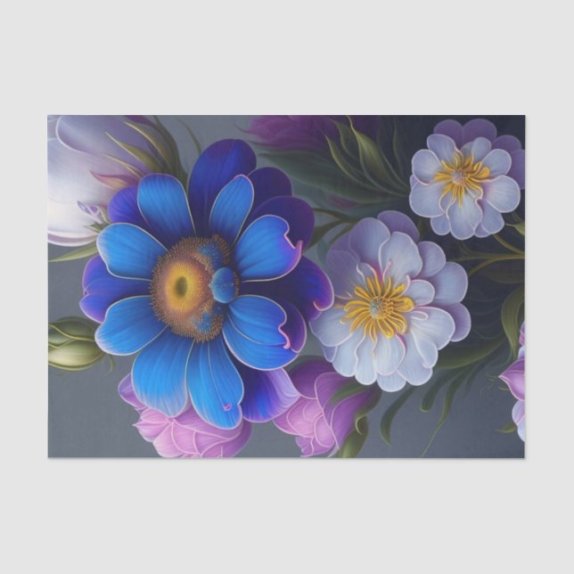 Papier Mousseline Bleu vif, Imaginaire violet Fleurs de jardin (Recto)