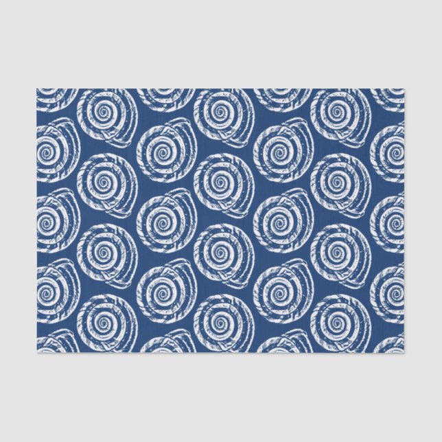 Papier Mousseline Bloc de coquillages spiraux Imprimer, bleu et blan (Recto)