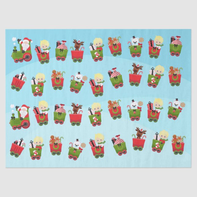 Papier Mousseline Blonde Boy Riding Train de Noël (Recto)