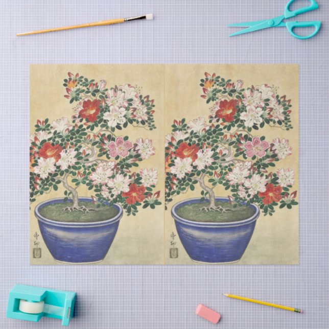 Papier Mousseline Blooming Azalea in Blue Pot Janpanese Flower Art (Artisanat)