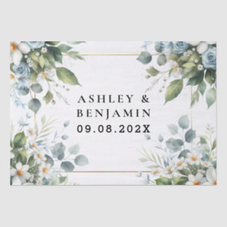 Papier Mousseline  Blue and Gold Elegant Floral Rustic Watercolor