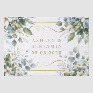 Papier Mousseline  Blue and Gold Elegant Floral Rustic Watercolor