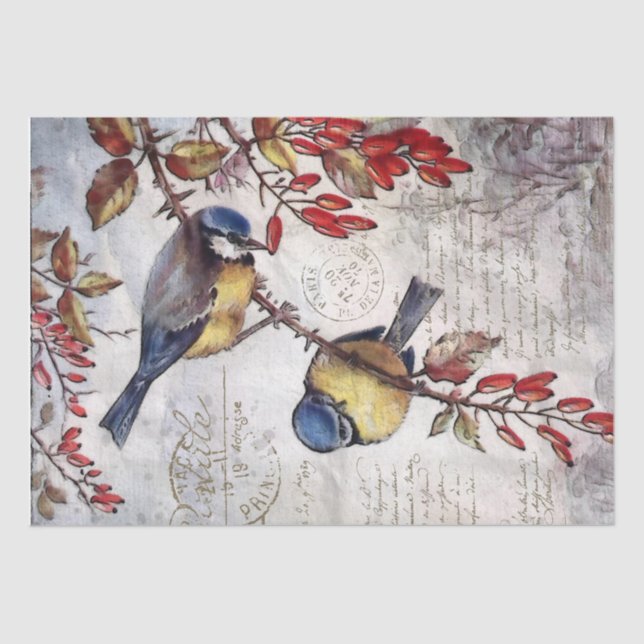 Papier Mousseline Blue Bird Red Berries French Script Decoupage (Recto)