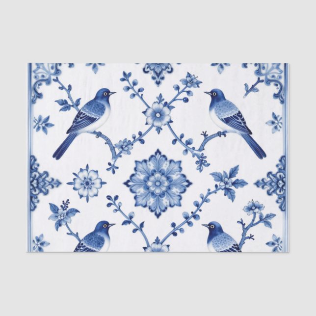 Papier Mousseline Blue Chinoiserie Bird Floral Pattern (Recto)