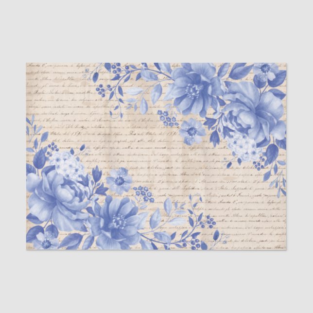 Papier Mousseline Blue Chinoiserie Floral Vieux manuscrit Découpage (Recto)