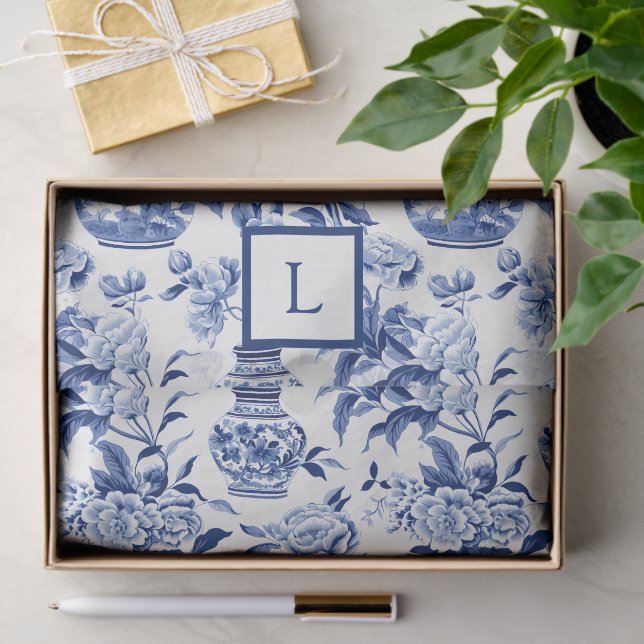 Papier Mousseline Blue Chinoiserie Monogram  (Cadeau)