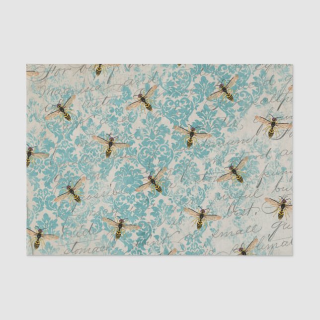Papier Mousseline Blue Damask Bee Vintage (Recto)