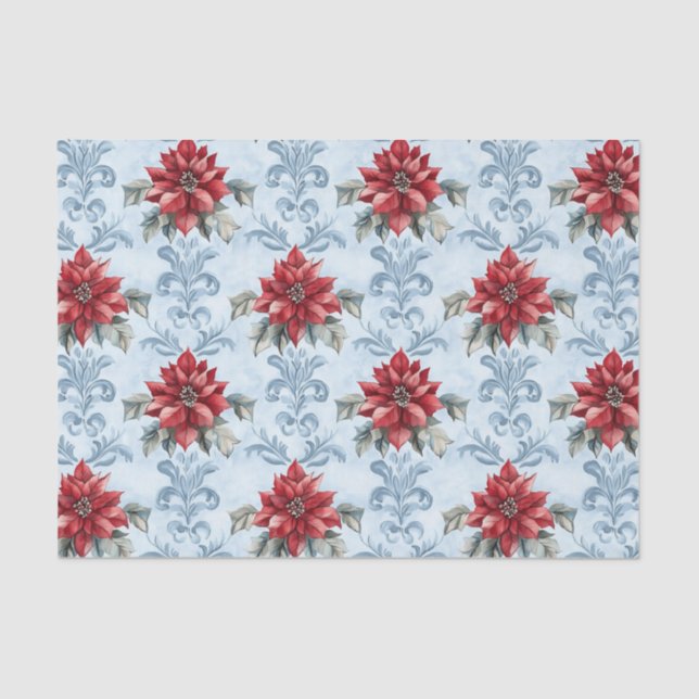 Papier Mousseline Blue Damask Pattern with Red Poinsettia Flowers (Recto)