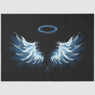 Papier Mousseline Blue Glowing Angel Wings on black background