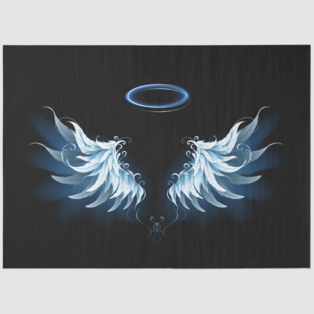 Papier Mousseline Blue Glowing Angel Wings on black background (Recto)