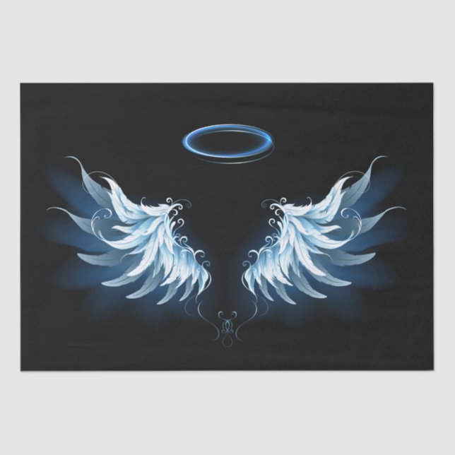 Papier Mousseline Blue Glowing Angel Wings on black background (Recto)