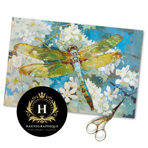 Papier Mousseline Blue Green Dragonfly Vintage Floral Decoupage