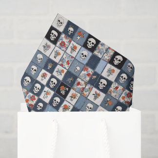 Papier Mousseline Blue Jean Denim Patchwork Skuls Et Florals
