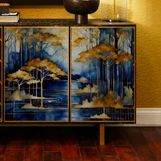 Papier Mousseline Blue Lake Gold Trees Découpage papier tissu