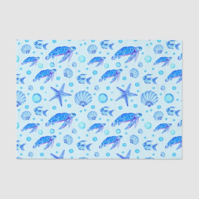 Papier Mousseline Blue Marine Life - Tortues, poissons et coquillage (Recto)
