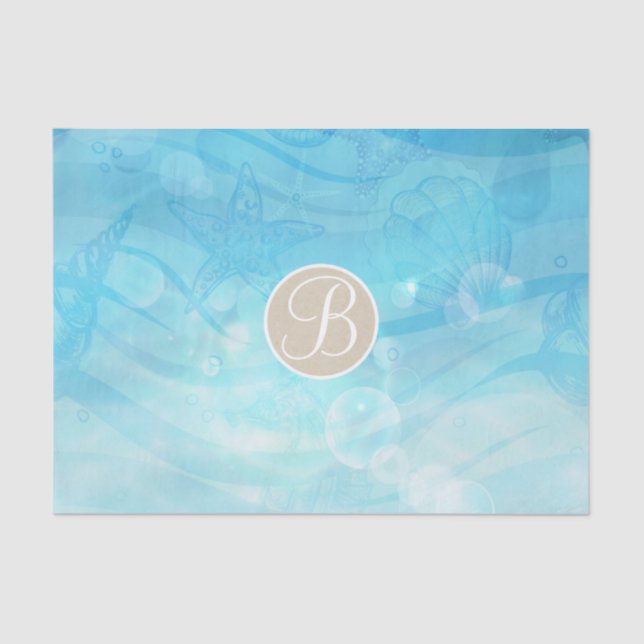 Papier Mousseline Blue Ocean Sea Shells Beach Monogramme initial (Recto)