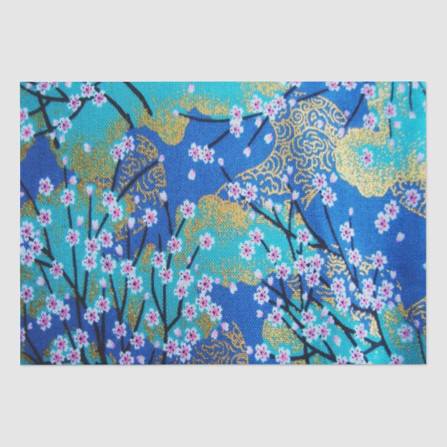 Papier Mousseline Blue or Blanc Japonais Kimono Floral Découpage (Recto)