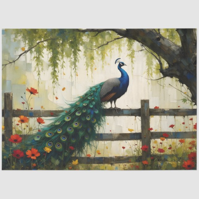 Papier Mousseline Blue Peacock on Split rail fence (Recto)