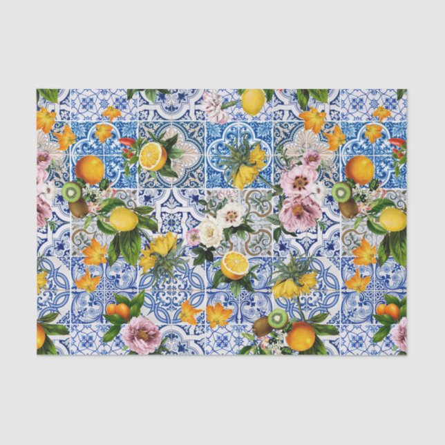 Papier Mousseline Blue Tiles Mediterranean Pattern (Recto)