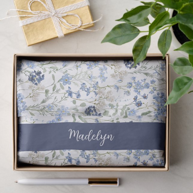 Papier Mousseline Blue Wildflower Watercolor Name (Cadeau)