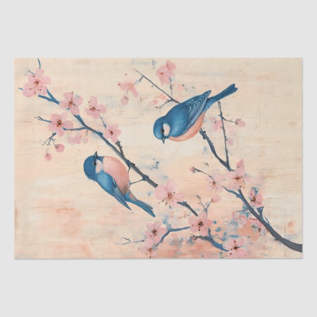 Papier Mousseline Bluebirds vintages sur la branche de fleurs de cer (Recto)