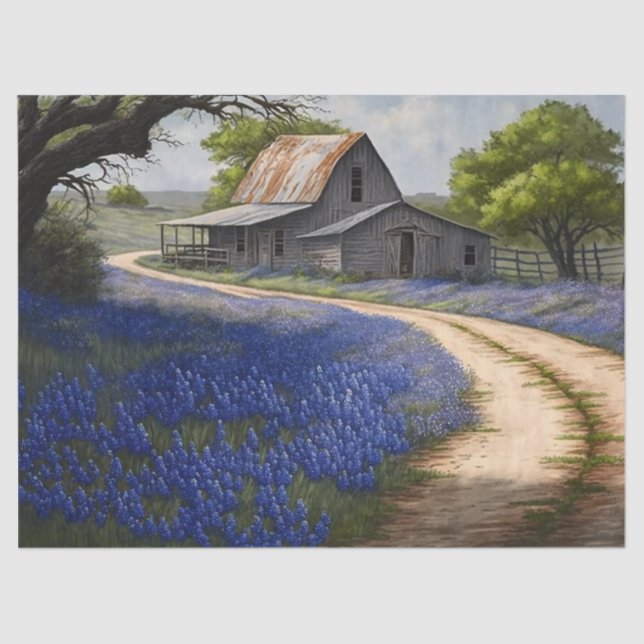 Papier Mousseline Bluebonnets et vieille grange au Texas Découpage (Recto)