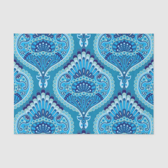 Papier Mousseline Blueish - Plumes Paisley (Recto)