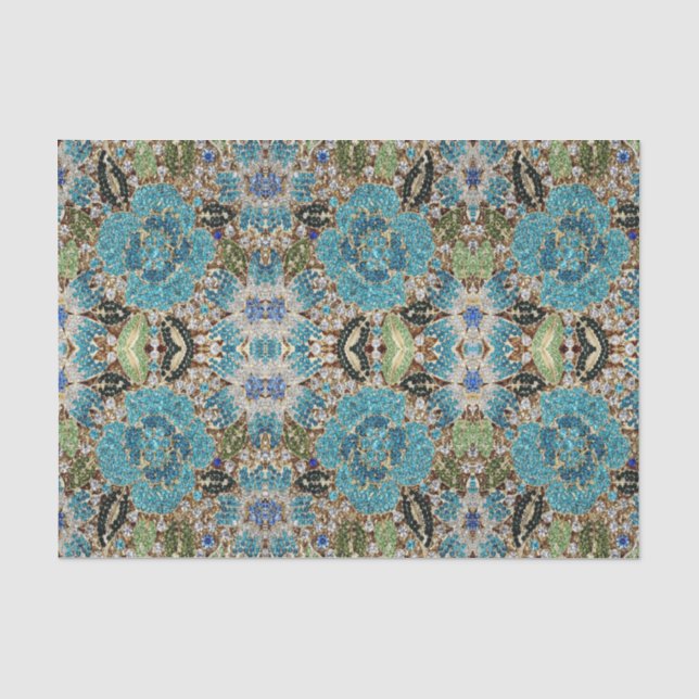Papier Mousseline bohème girly chic argent turquoise fleur bleu (Recto)