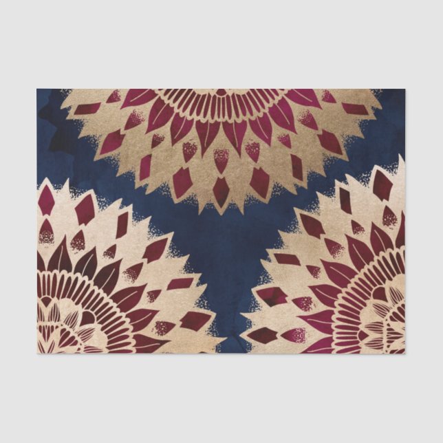 Papier Mousseline Bohême Gold Navy Bourgogne main tiré Mandala (Recto)