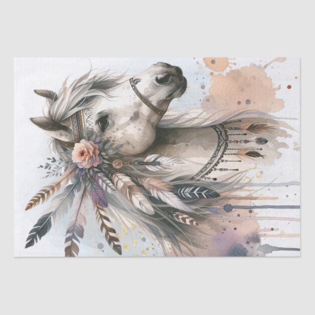 Papier Mousseline Boho Aquarelle Floral Feather Horse (Recto)