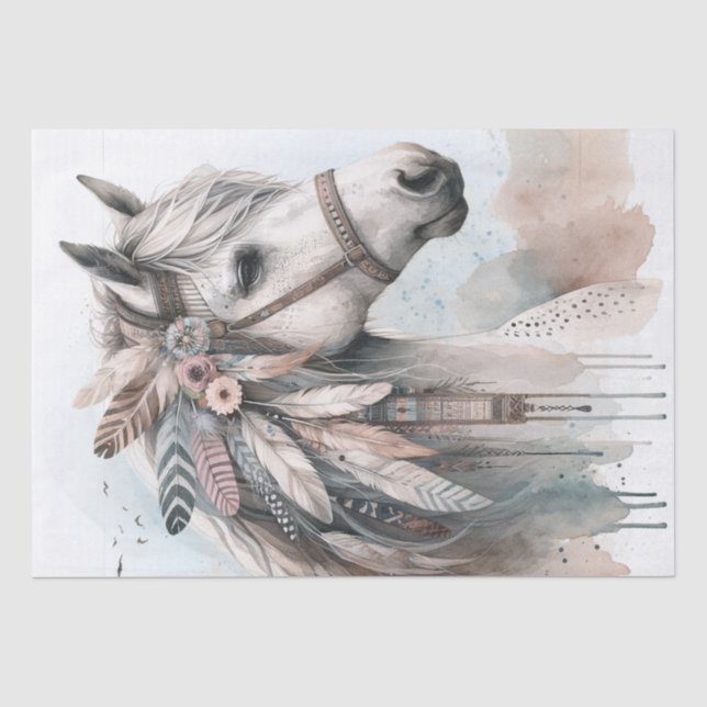 Papier Mousseline Boho Aquarelle Floral Feather Horse (Recto)