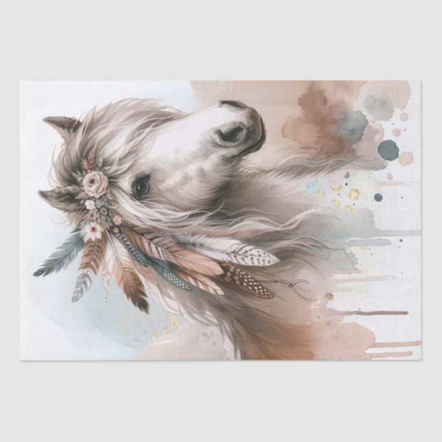 Papier Mousseline Boho Aquarelle Floral Feather Horse (Recto)