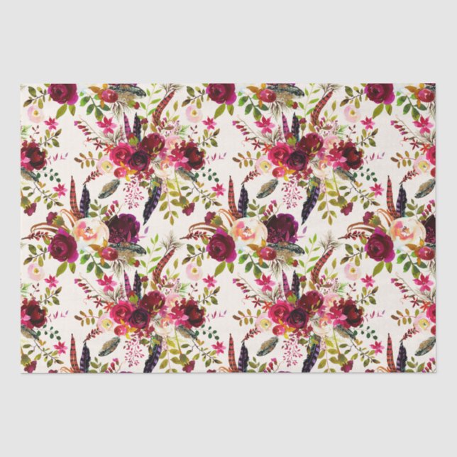 Papier Mousseline Boho Aquarelle Florale, Plumes Papier Tissu (Recto)