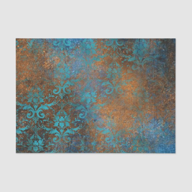 Papier Mousseline Boho Cuivre bleu Floral Damask Grunge (Recto)