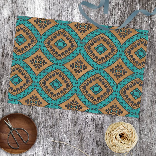 Papier Mousseline Boho Marocain Turquoise Et Motif De Bronze (Créateur téléchargé)