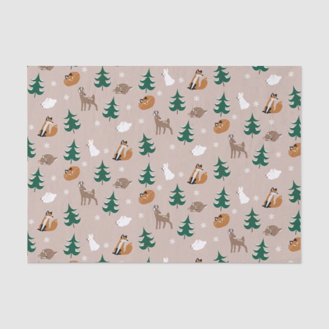 Papier Mousseline Bois Animaux Motifs d'hiver Pins neige (Recto)