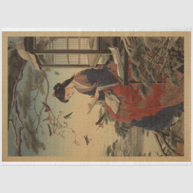 Papier Mousseline Bois traditionnel Japon fille avec livre (Recto)