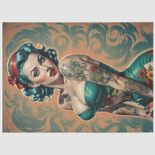 Papier Mousseline Bombshell bleu - Retro Pin-Up Girl Decoupage (Recto)